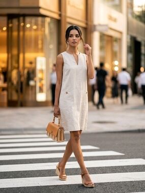 J. McLaughlin Cream Sleeveless Shift Dress with V-Neck